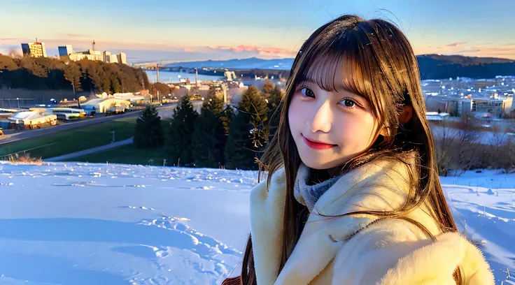 Cute beautiful girl 18 years old wearing a golden miniskirt、Snowy landscape in the background