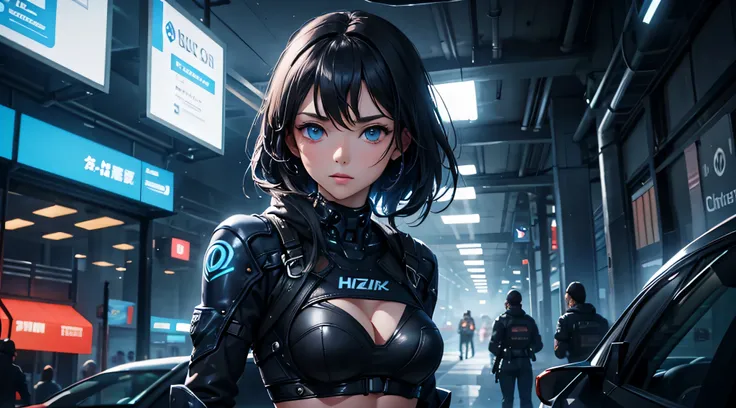 mujer hermosa, ojos azules , en bikini , estililo cyber punk en la ciudad