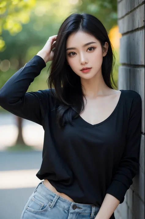 Black hair, make-up, Masterpiece, seductive casual attire, Hip-up angle, dynamic pose, close-up, natural lighting, confident expression, bokeh background, high resolution