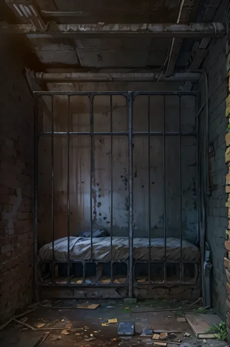 dark secret room，steel bed in the middle，the head of the bed is against the wall，dilapidated warehouse