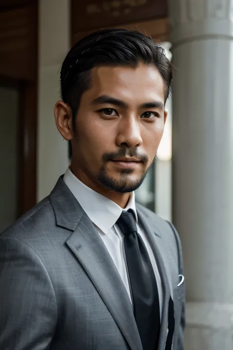 Close-up of a handsome ( Thai man ) in a suit and tie taking a photo. Short hair and  High quality portraits Short hair and silver beard Well-groomed model He is about 30 years old. Elegant suit. High fashion man. Appeal.