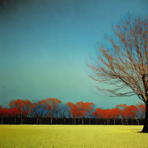 vintage art minimalist of (a field of dry leaves,distant empty trees, predominantly sky blue and lime green, sky blue and green ...