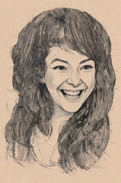 an old kraft paper shows чернильный набросок of a portrait of a laughing young woman of 25 years old, чернильный набросок, неопрятный, неровные края