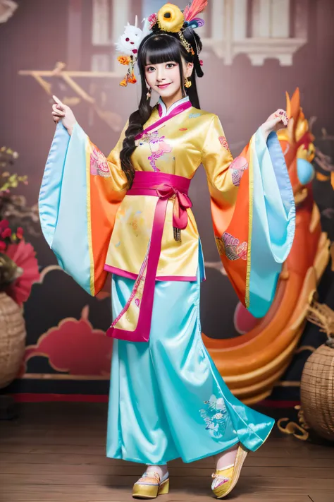 High-quality images,1girl in, masutepiece, Best Quality, Make friends with Chinese dragons, Fun, ancient chinese folk costumes, Bright, Details of face,Full-body high-definition images,