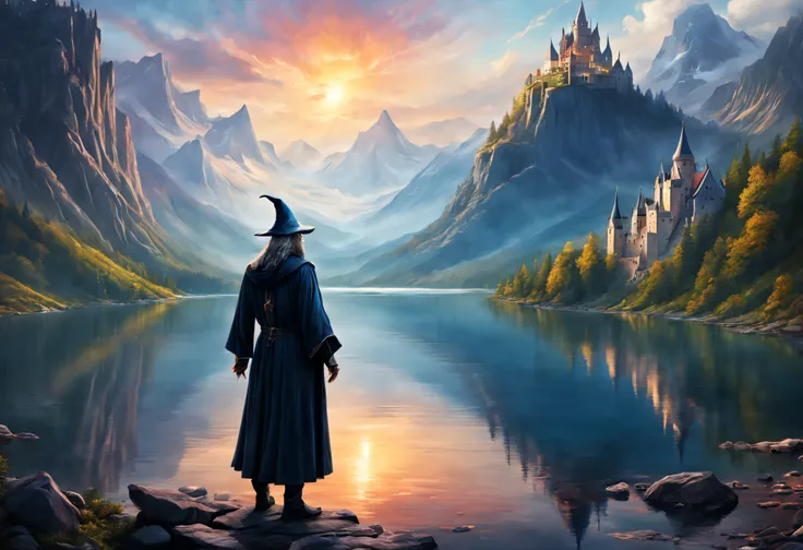 a fantasy art portrait of a powerful wizard looking across a lake at a mountain side castle.