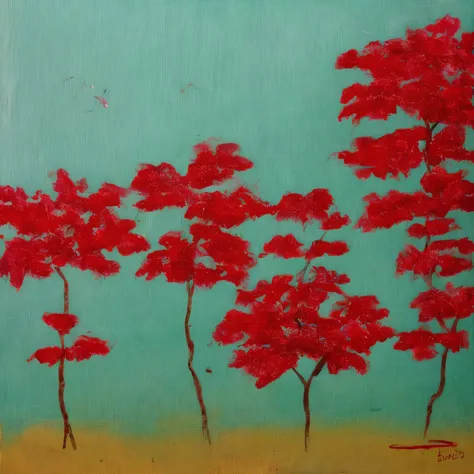 vintage art minimalist of a field of dry leaves,distant empty trees,predominantly red and lime green,sky blue and red atmosphere,bright day,vintage colors, field with fence,Hibiscus leaves and deciduous trees,serene and tranquil,painterly feel,subtle brush...