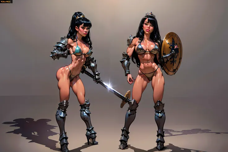 woman, ((long hair)),  blackblue hair, ((beautiful)), adorned in medieval armor, twerking, metal muscles, emanating a medieval elegance and marvel, armor pump boots, chrome bra, chrome silver tiara, small armband, (shoulder armor), gauntlets, ((small armor...