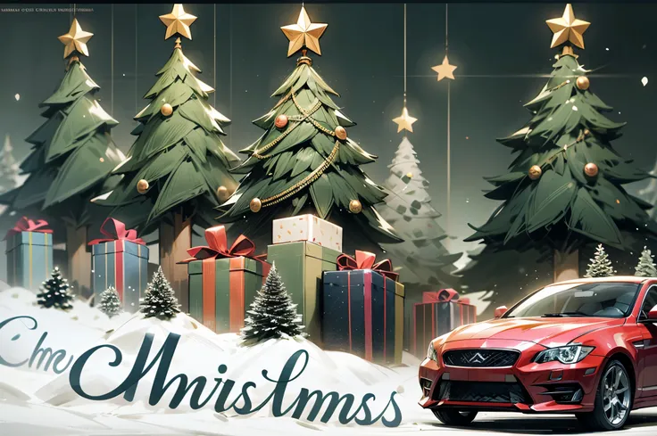 create a photo of seasons greetings with car in the left and then sant in the middle, on the left is three christmas trees made of piles of buttons and decorations, in front of the trees are presents made with buttons as well. For the background shows two ...