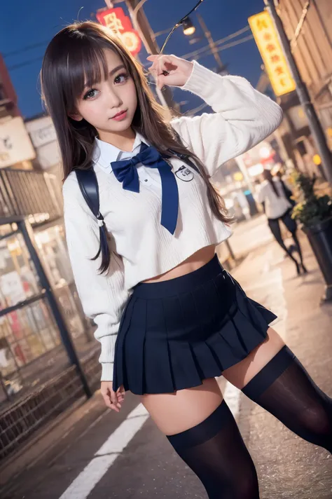 high-angle shot、street snap、a baby face wearing a short skirt and bow tie standing on a neon street in the middle of the night(t...