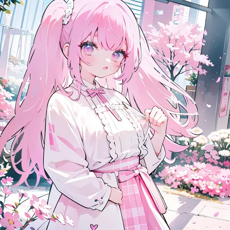 pink hair, Two-tailed, pink eyes, lolita, white clothing, Upper torso