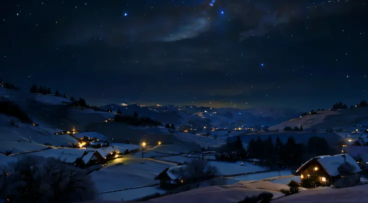 a quiet village nestled amidst rolling hills. Dark Night. full of star