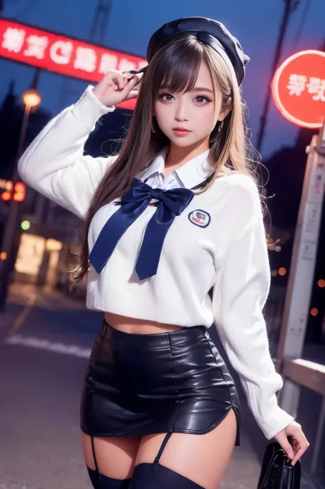 high-angle shot、street snap、a baby face wearing a short skirt and bow tie standing on a neon street in the middle of the night(t...