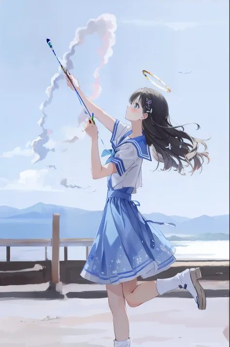 (painting:1.3), (blurry:1.3), (blurry drawing:1.3), araffe girl in a blue dress holding a white cloud bow, white halo cloud, twirling, wind kissed picture, beautiful young wind spirit, rinko kawauchi, aya takano color style, shiori teshirogi, promo art, se...