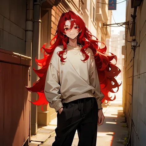 Long Wavy Hair , Red Hair , Red Eyes , 1male ,  , Baggy Sweater , Black Pants , Young Male , Standing in alley , Smile Expression