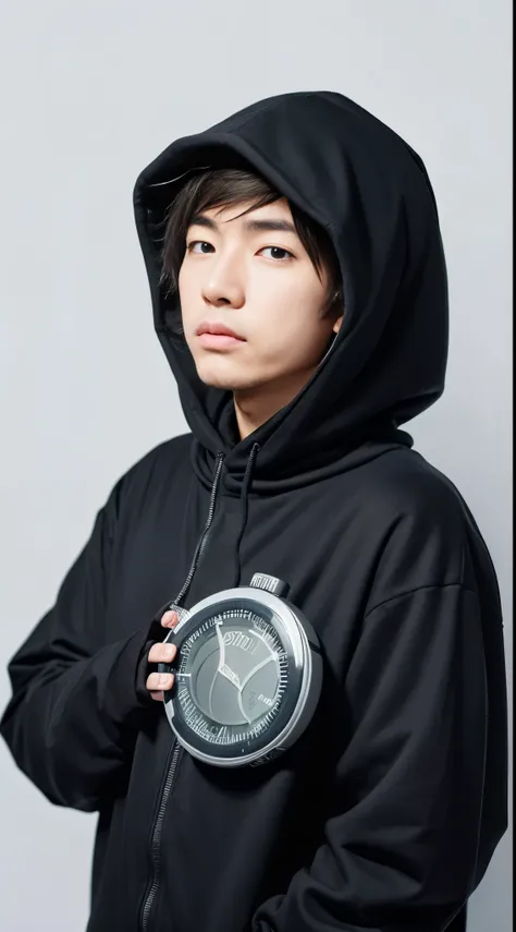 ((man with stopwatch:1.2))、独奏、Wearing a black hood、(white simple background)