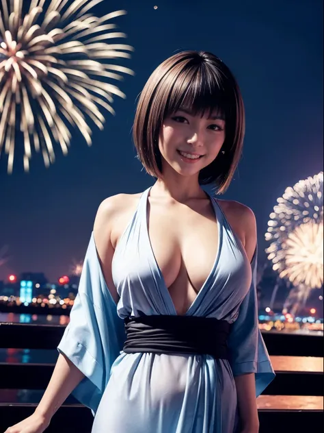 ((masutepiece)), Best Quality, Full body, Solo, A Japanese Lady, Tall body, , Sexy, Enchanting, Tight skin, large firm breasts, (Wearing a yukata), Smile, (masutepiece, Best Quality, Detailed skin texture, Detailed fabric texture, beautiful faces detailed,...