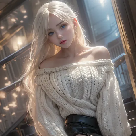 ((woman standing on stairs in office)),bright expression、Young shiny shiny white shiny skin、Best Look Rondo Reflective Light、Platinum blonde hair with dazzling highlights、shiny light hair,、Super long silky straight hair、Beautiful bangs that shine、（Glowing ...