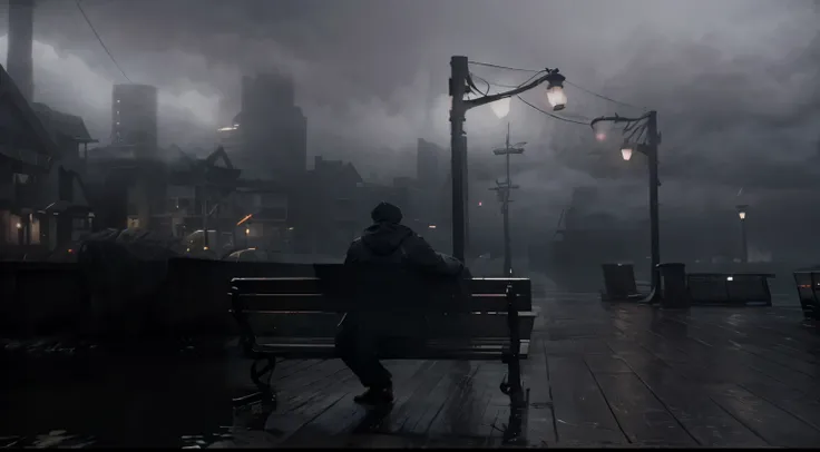 there is a man sitting on a bench on a dock, video game screenshot>, gloomy atmosphere, gloomy misty atmosphere, somber atmosphere, dreary atmosphere, gloomy and foggy atmosphere, gloomy foggy atmosphere, moody atmosphere, in-game cinematic, lovecraftian a...