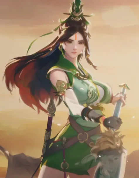 a man in green clothes、Close-up of woman holding sword, xianxia hero, bian lian, Ruan Jia and Artgerm, Inspired by Du Qiong, Inspired by Zhu Lian, Artgerm and Ruan Jia, guan yu, Inspired by Lan Ying, inspired by Wu Zuoren, Inspired by Li Tang, full-body wu...