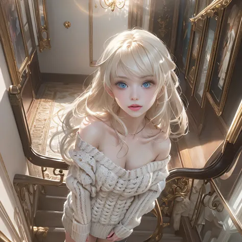 ((girl standing on the stairs in the office)),bright expression、Young shiny shiny white shiny skin、Best Look Rondo Reflective Light、Platinum blonde hair with dazzling highlights、shiny light hair,、Super long silky straight hair、Beautiful bangs that shine、Gl...