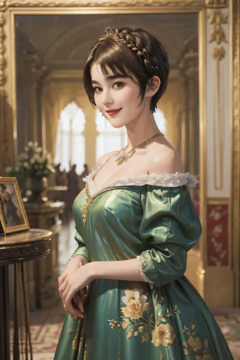 141
(a 20 yo woman,in the palace), (A hyper-realistic), (high-level image quality), ((beautiful hairstyle 46)), ((short-hair:1.46)), (kindly smile), (brest:1.1), (lipsticks), (is wearing dress), (murky,wide,Luxurious room), (florals), (an oil painting、Remb...