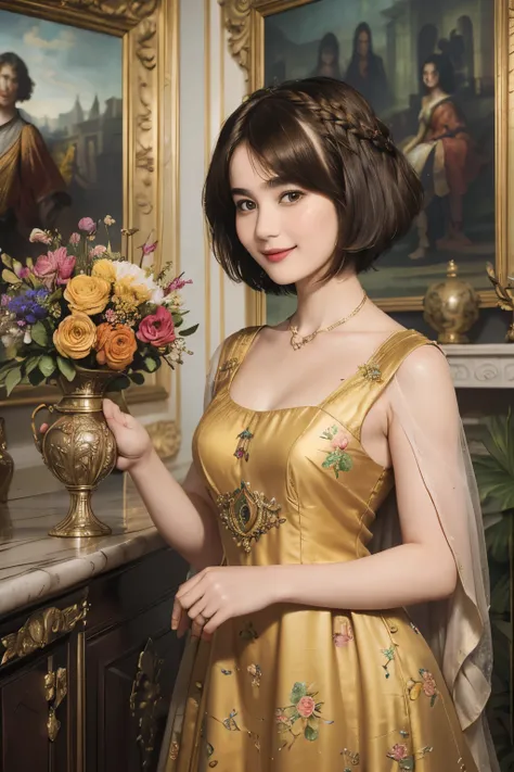 141
(a 20 yo woman,in the palace), (A hyper-realistic), (high-level image quality), ((beautiful hairstyle 46)), ((short-hair:1.46)), (kindly smile), (brest:1.1), (lipsticks), (is wearing dress), (murky,wide,Luxurious room), (florals), (an oil painting、Remb...