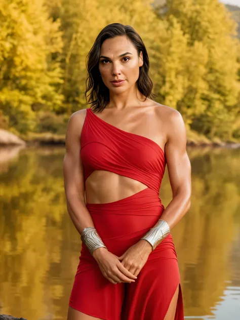 (quality raw photo) (galgadot) as lara croft standing on a lake , [famous, celebrity ,sexy, photorealistxtremely sexy woman, buttery skin, 6ft tall woman, fit tall woman, muscular body ,big body, seductive facial expression) ( detailed skin texture, pores,...