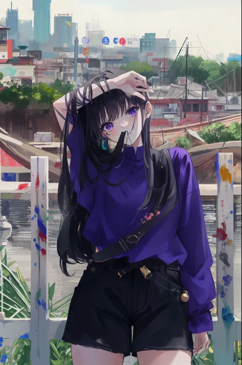 (painting:1.3), (blurry:1.3), (blurry drawing:1.3), (black long hair:1.1), araffe girl in a purple shirt and black shorts posing for a picture, ruan cute vtuber, profile pic, ulzzang, casual pose, lalisa manobal, bae suzy, anime thai girl, dressed with lon...