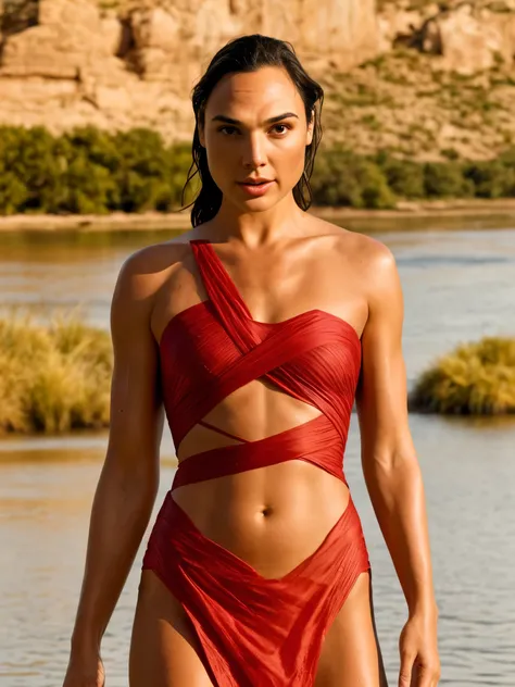 (quality raw photo) (galgadot) as lara croft standing on a lake , [famous, celebrity ,sexy, photorealistxtremely sexy woman, buttery skin, 6ft tall woman, fit tall woman, muscular body ,big body, seductive facial expression) ( detailed skin texture, pores,...