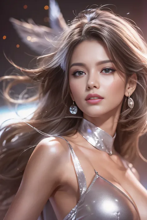 Solo、(Super beautiful)、(beauitful face:1.5)、、miss universe、Clear pubic contours，with spreading legs、white  panties、high-heels、Wearing makeup、long wavy brown hair、(Shiny silver short dress)、On stage、(At SFW)