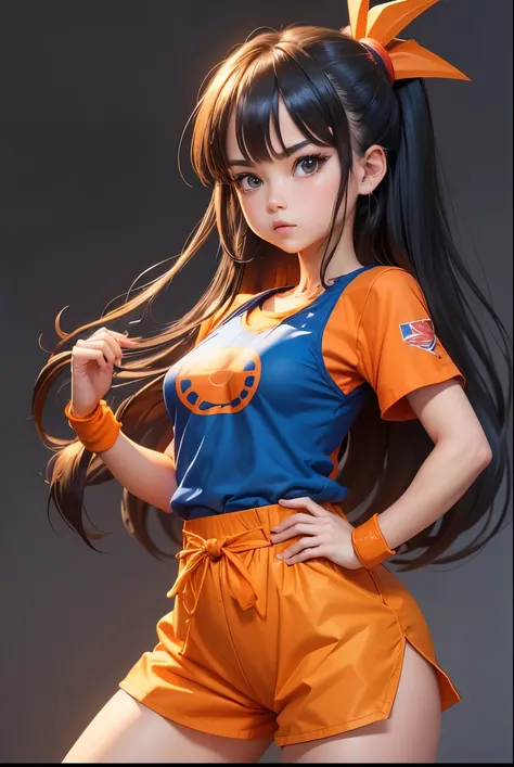 cute girl, She wears Gokus outfit from Dragon Ball, Dragon Ball, Dragon Balls, Orange clothing with short sleeves, blue belt,