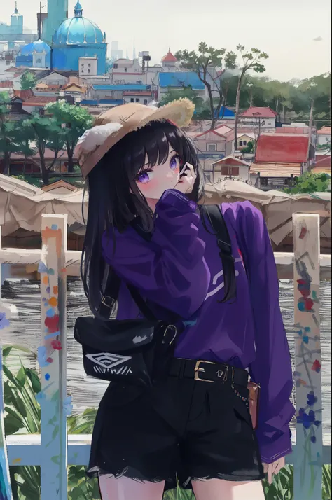 (painting:1.3), (blurry:1.3), (blurry drawing:1.3), araffe girl in a purple shirt and black shorts posing for a picture, ruan cute vtuber, profile pic, ulzzang, casual pose, lalisa manobal, bae suzy, anime thai girl, dressed with long fluent clothes, profi...