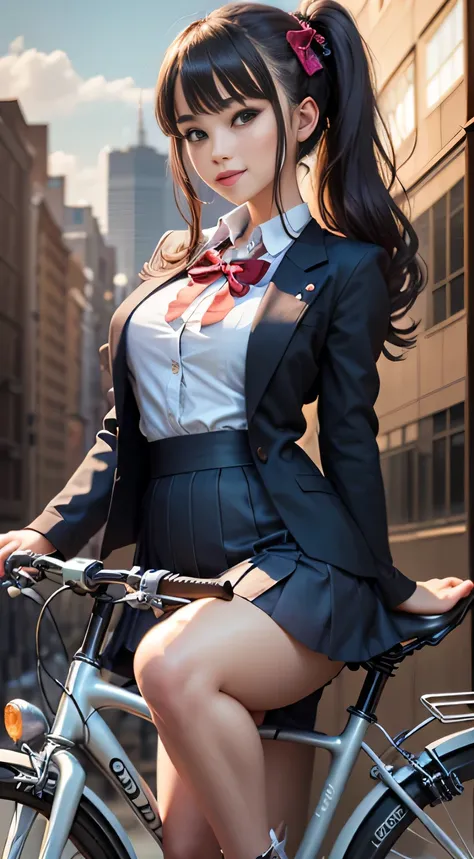 （countryside view）((Bike commuting)),((Female student riding a silver metallic bicycle)),Brown hair, Black hair, braid, Bangs, Blunt bangs, braided ponytails, hair over shoulder, Long hair, Ponytail, braided bun, hair one side up, Low ponytail, Hairpin, sh...