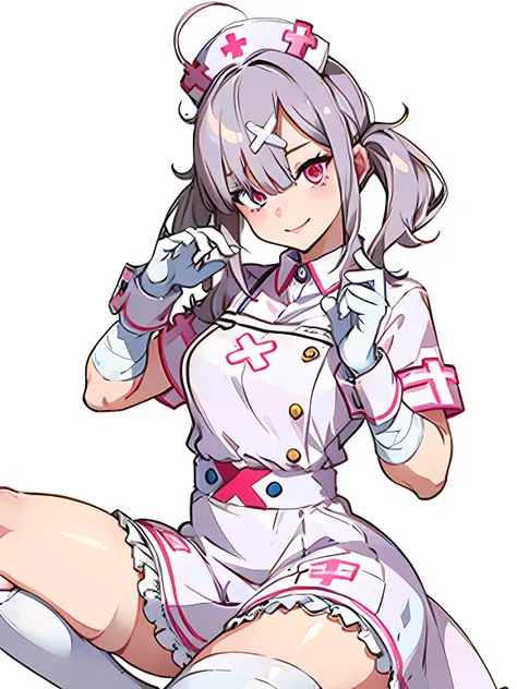 ((masutepiece, Best Quality, ultra-detailliert)), Flat color, Upper body, short smile, claw pose, Nurse Costume, White Gloves, White knee socks, Solid white background