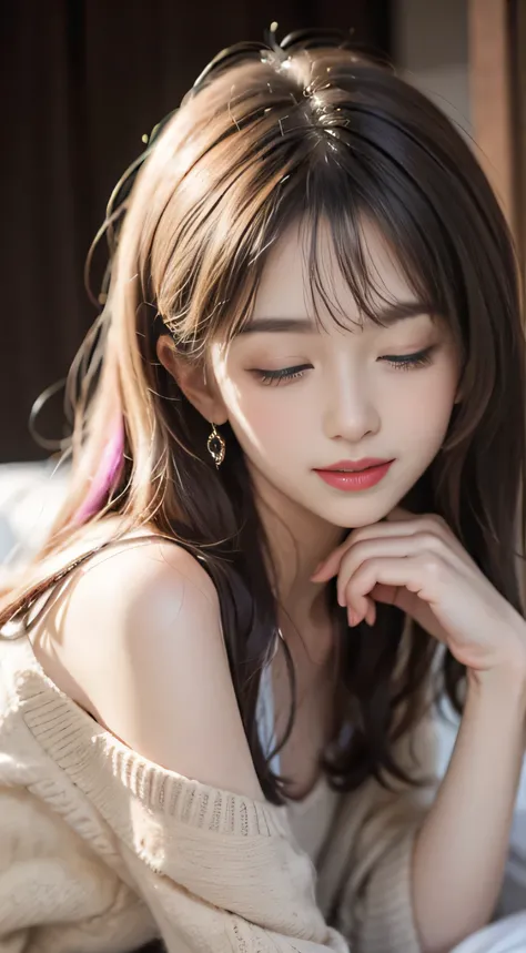 （Woman lying on bed）1 girl, Silver hair, striated hair, Bangs, Blunt bangs, Long hair, Pink hair, aqua eyes, ((Eyes closed)）, makeup, Smile, Parted lips, Realism, Verism, surrealism, depth of fields, One-person viewpoint, F/1.8, 135 mm, canon, nffsw, retin...