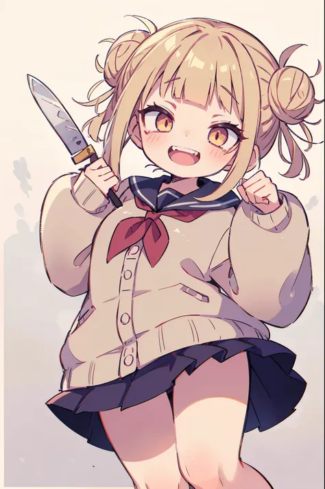 Toga Himiko with an open mouth, cute expression, bared fangs, and holding a knife.