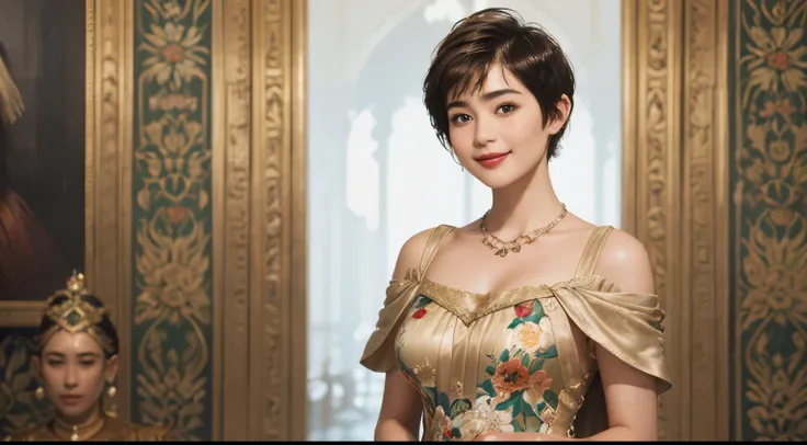 141
(a 20 yo woman,in the palace), (A hyper-realistic), (high-level image quality), ((beautiful hairstyle 46)), ((short-hair:1.46)), (kindly smile), (breasted:1.1), (lipsticks), (is wearing dress), (murky,wide,Luxurious room), (florals), (an oil painting、R...