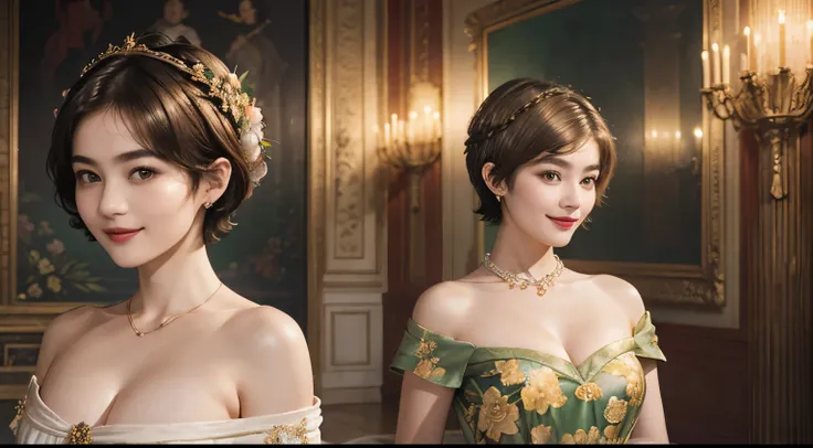 141
(a 20 yo woman,in the palace), (A hyper-realistic), (high-level image quality), ((beautiful hairstyle 46)), ((short-hair:1.46)), (kindly smile), (breasted:1.1), (lipsticks), (is wearing dress), (murky,wide,Luxurious room), (florals), (an oil painting、R...