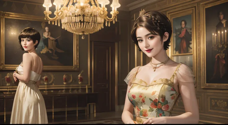 141
(a 20 yo woman,in the palace), (A hyper-realistic), (high-level image quality), ((beautiful hairstyle 46)), ((short-hair:1.46)), (kindly smile), (breasted:1.1), (lipsticks), (is wearing dress), (murky,wide,Luxurious room), (florals), (an oil painting、R...