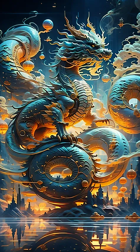 in the ancient mysterious mythology of eastern china，dragon in the modern city of the future，sky spaceship，planes，space planet，m...