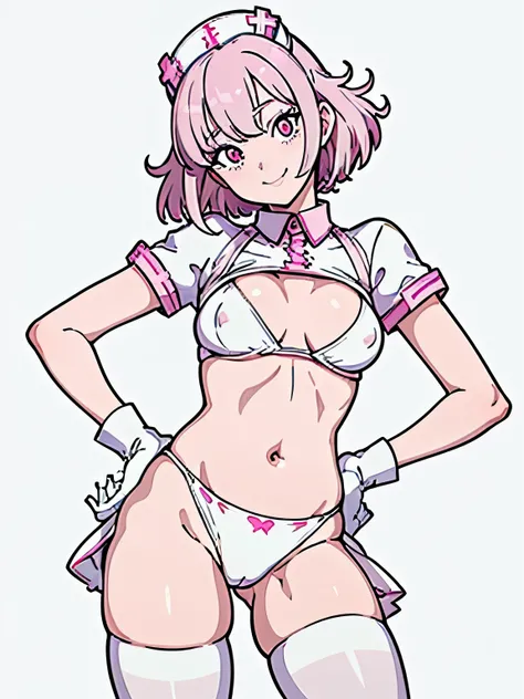 ((masterpiece, best quality, ultra detailed)), flat color, (solid outline:1.6), vibrant color, upper body, short smile, head tilt, put one hand on hips, nurse style white bikini, white gloves, white knee socks, solid pink background