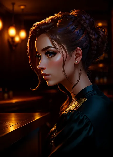 portrait photo of BrittBaker beautiful woman hair updo upsweep nightclub sitting at bar (masterpiece) (best quality) (detailed) (8k) (HDR) (wallpaper) (cinematic lighting) (sharp focus) (intricate)