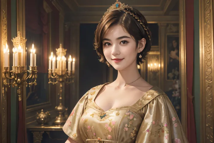 141
(a 20 yo woman,in the palace), (A hyper-realistic), (high-level image quality), ((beautiful hairstyle 46)), ((short-hair:1.46)), (kindly smile), (breasted:1.1), (lipsticks), (is wearing dress), (murky,wide,Luxurious room), (florals), (an oil painting、R...