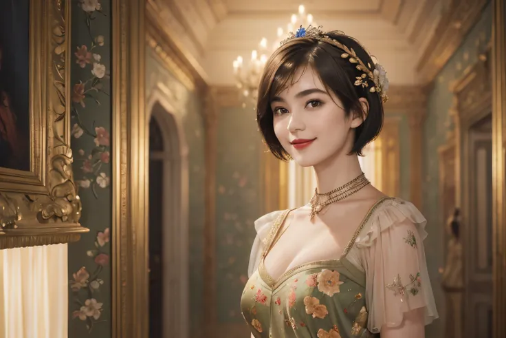 141
(a 20 yo woman,in the palace), (A hyper-realistic), (high-level image quality), ((beautiful hairstyle 46)), ((short-hair:1.46)), (kindly smile), (breasted:1.1), (lipsticks), (is wearing dress), (murky,wide,Luxurious room), (florals), (an oil painting、R...