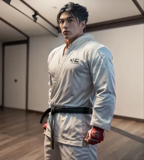 a photography realistic [ jin kazama ], standing with karate pose, no cloth, hdr（highdynamicrange）,ray traching,nvidia rtx,hyper...