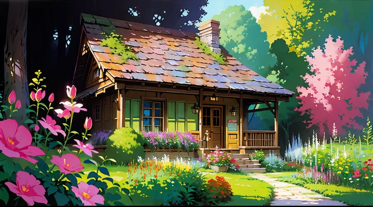 ((masterpiece)),((best quality)),((high detial)) painting of a house in a garden with flowers and trees, flowery cottage, cottag...