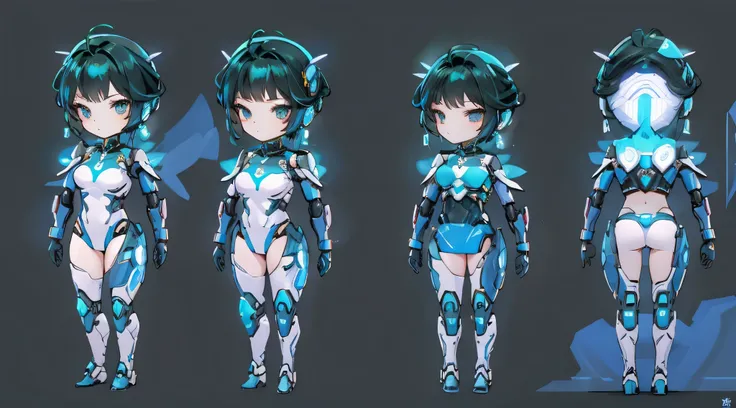 1 名女性fairies，Three-quarters side view，posterior view，Wearing neon mecha，fairies、sci-fy、cyber punk personage、starry sky pattern clothes、complex clothing、Protoss、nothing background