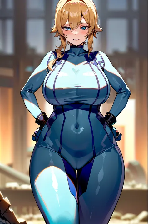 masterpiece, best quality, extremely detailed, 1girl, mature female, solo, jeanrnd, (gigantic breasts:1.3), (((blonde hair, ahoge, long hair, blur eyes))), parted lips, (((zero suit, blue gloves))), ((yandere trance, evil smile), closed mouth), ((hands on ...