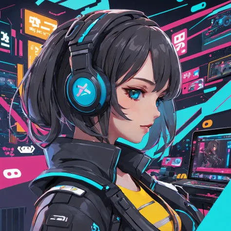 (One sticker,),(3d anime girl),nintendo switch, game card, gaming console, Xbox, (on a circular background), (cyberpunk border)， ultra - detailed, Detailed illustration, vectorized, 8K, 专业One sticker设计, Graphic design, vector lines, One sticker, Full-HD