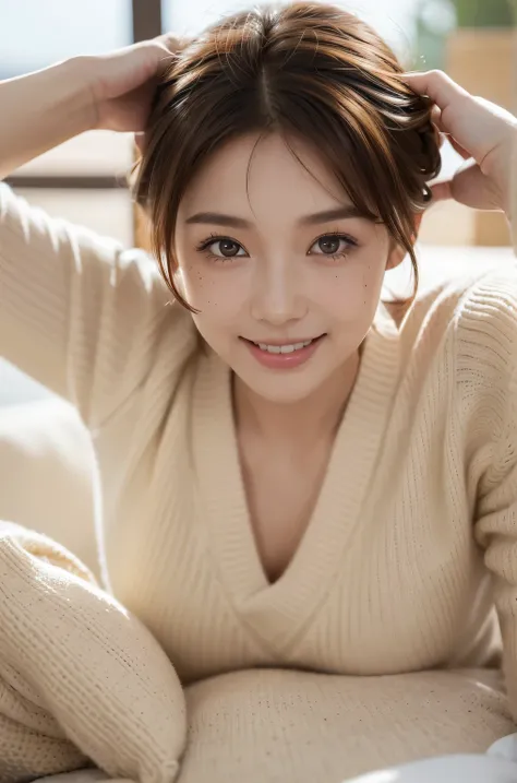 Best quality, hyper HD, (realistically:1.4),Sunset sun, girl with flowers on her head,,(Hefty Smile), freckle ,(black hair color hair, Short hair details: 1.3), (realistically的皮肤), (Sweaters), detailed photograph, (sexy for), (filmgrain), low-contrast, fac...